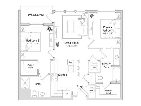 A floor plan of a house with a living room, two bedrooms, a bathroom, a kitchen, and a walk-in closet.